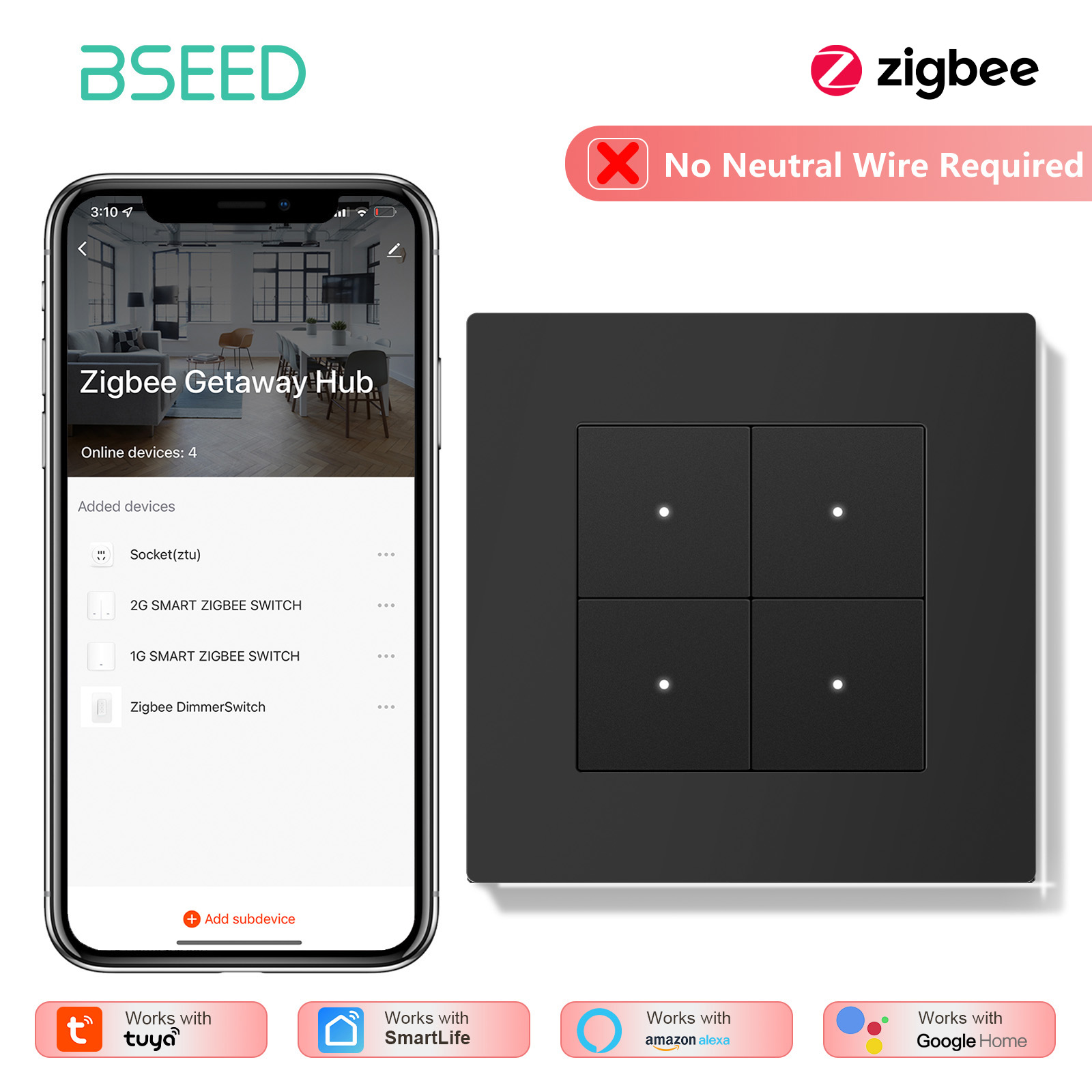 BSEED 1/2/3/4Gang Zigbee Light - огляд і ціна Tuya 4 Channel